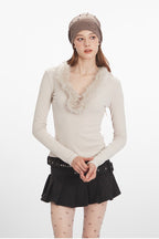 Faux Fur Trim VNeck Knit Top