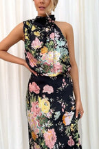 Wine Country Dates Floral Halter Neck Elastic Waist Satin Maxi Dress
