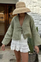 Deep V Neck Flare Sleeve Blouse
