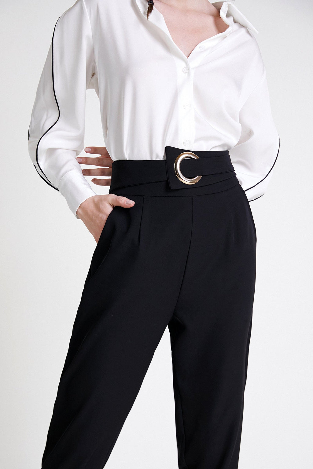 Black Ring Detail Straight Leg Suit Pants