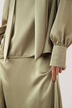Dark Khaki Satin Ballon Sleeve Blouse
