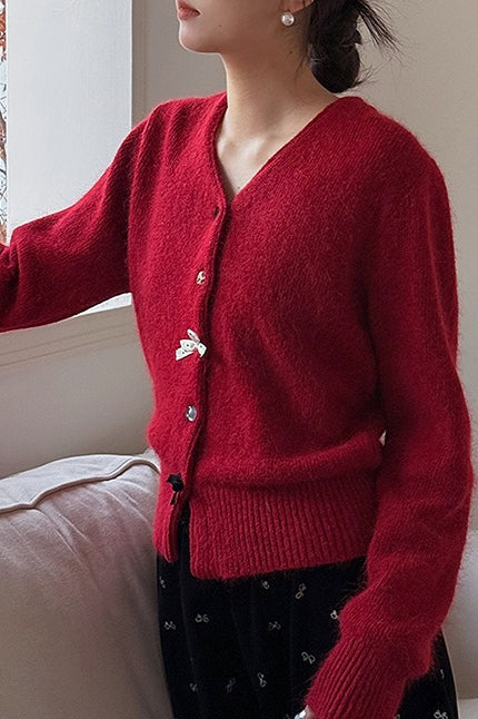 V Neck Bow Detail Button Cardigan