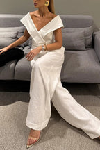 Velena Linen Blend Button Up Lapel Top and High Rise Pocket Wide Leg Pants Set