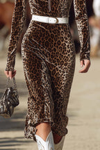 Leopard Print Lapel Long-sleeved Fitted Midi Dress