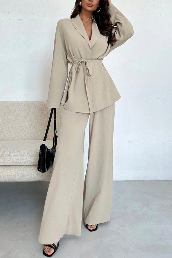 Solid Color Collared Long-sleeved Tie-waist Loose Top and Elastic Waist Casual Wide-leg Pants Set