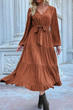 Scarlett Aesthetic Pleated Dress with Cinnamon Knots, Lantern Sleeves and Ruffled Hem Chic Silhouette Collection