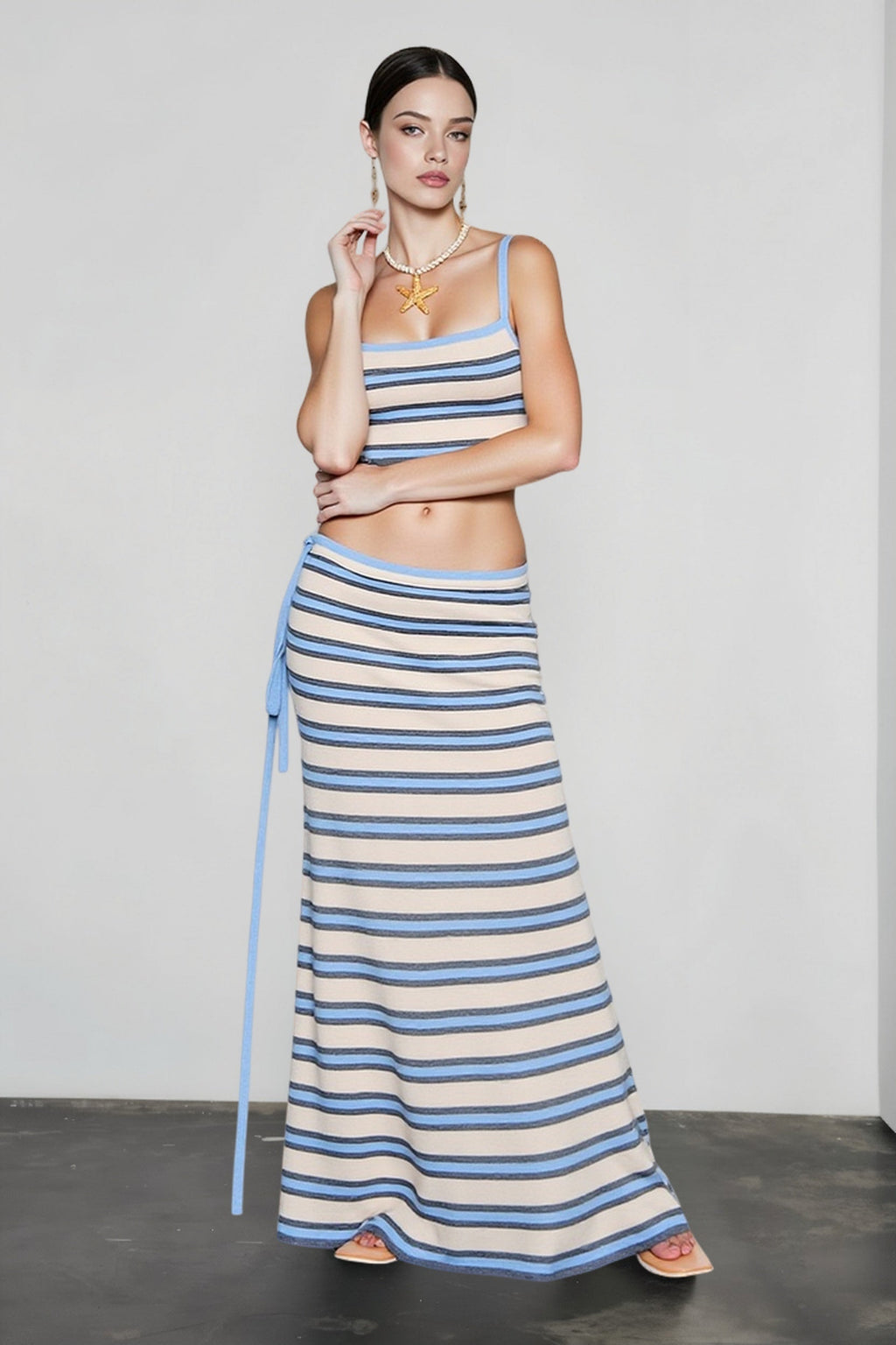 Knit stripe crop camisole high waist tie skirt vacation set