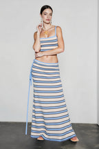 Knit stripe crop camisole high waist tie skirt vacation set