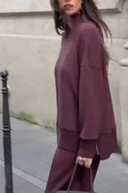 Double Soft Turtleneck Side Zipper Sweatshirt and Elastic Waist Pocketed Loose Pants Set