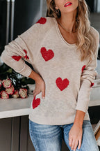 Stylish Color-blocked Heart-patterned Long-sleeved Loose Knit Sweater