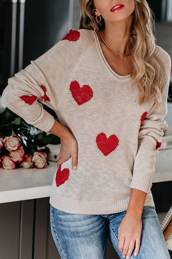 Stylish Color-blocked Heart-patterned Long-sleeved Loose Knit Sweater