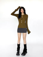 Cutout Ribbed Bell Sleeve Top