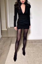 Dark Style Suit Collar Deep V Slim Fit Long Sleeve Mini Dress