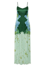 Fresh Bloom Unique Print Satin and Pleated Tulle Hem Slip Maxi Dress