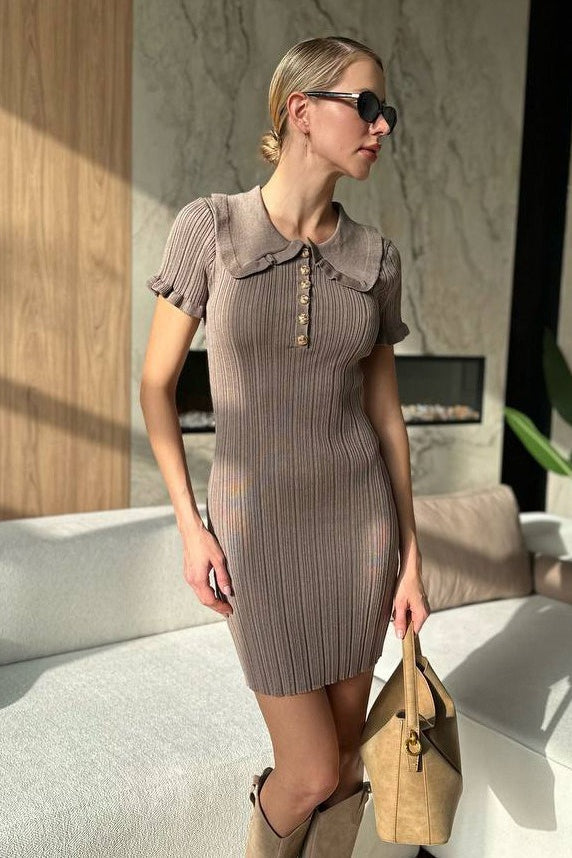 Fitted Peter Pan Collar ShortSleeve CableKnit Sweater Dress