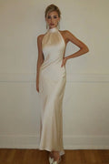 Halter Sash Open Back Reception Dress