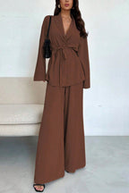 Solid Color Collared Long-sleeved Tie-waist Loose Top and Elastic Waist Casual Wide-leg Pants Set