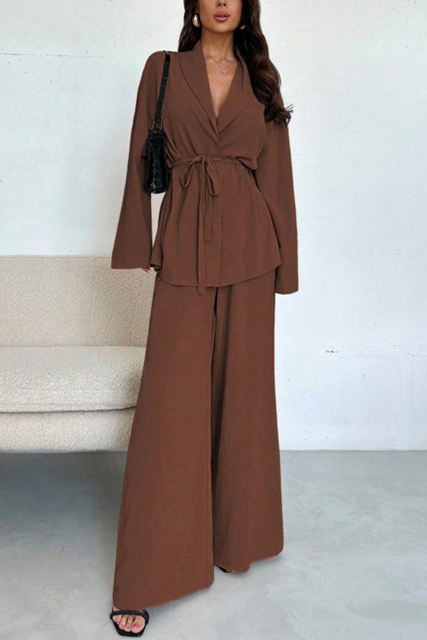 Solid Color Collared Long-sleeved Tie-waist Loose Top and Elastic Waist Casual Wide-leg Pants Set