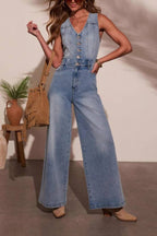 Washed Blue V-Neck Button Front Sleeveless Wide Leg Denim Jumpsuit