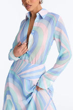 Gianna Chiffon Unique Print Button Long Sleeve Flare Hem Shirt Maxi Dress