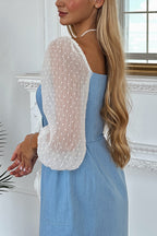 Briena Denim Square Neck Polka Dot Puff Sleeve Button Pocket Midi Dress