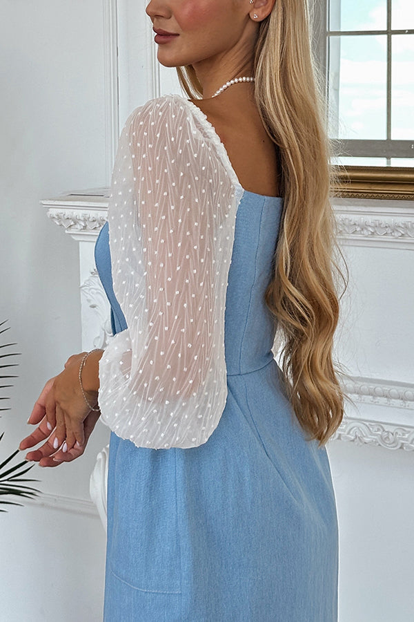 Briena Denim Square Neck Polka Dot Puff Sleeve Button Pocket Midi Dress