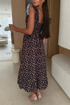 Floral Print Square Neck Pleated Back Midi Dress