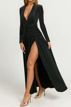 Deep V Ruched Long Sleeve Slit Fitted Waist Maxi Dress