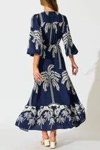 Tropical Palm Print V-Neck Waisted Maxi Dress