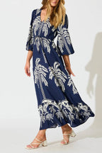 Tropical Palm Print V-Neck Waisted Maxi Dress