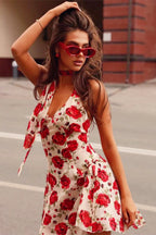 Halter Backless Rose Print ALine Floral Dress