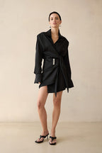 Solid Wrap Front Long Sleeve Slim Waist Mini Dress