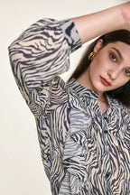 Black Zebra Print Ruffle Trim Button-Up Chiffon Work Shirt