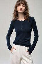 Stretchy Ribbed Henley Long Sleeve Top