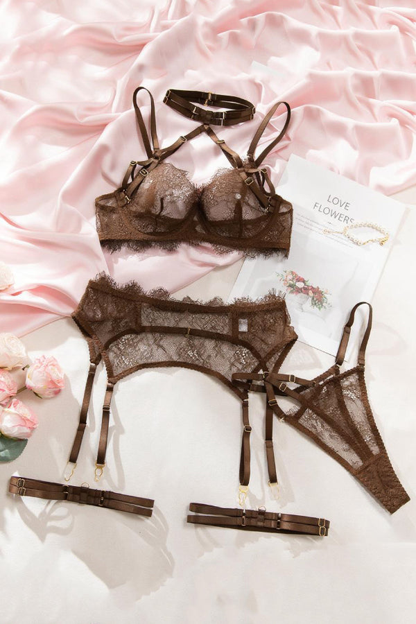Valentine's Day See-through Lace Hollow-out Halter Neck Bra Four-Piece Set