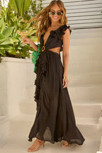 V Neck Ruffle Slit Flowy Maxi Boho Dress