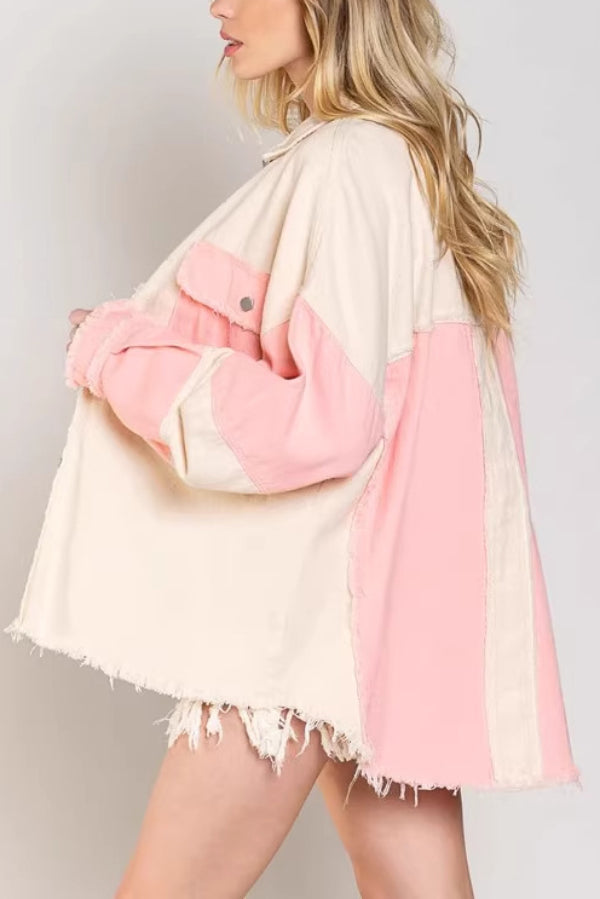 Stylish Color-blocked Lapel Long-sleeved Frayed Denim Jacket