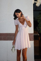 Sexy Deep V Puff Sleeve High Waist Polka Dot Mini Dress