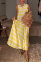 Elara Satin Striped Contrast Print Sleeveless Pocket A-line Maxi Dress