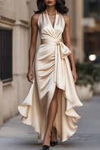 Solid Color Satin V-neck Sleeveless Elegant Ruffle Maxi Dress