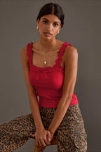 Ruffle Bow Spaghetti Strap Ribbed Tank Top