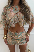 Fashionable Embroidered Flower Sequined Crop Top and Hip-hugging Mini Skirt Set