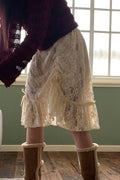 Ruched Lace Patchwork Midi Skirt