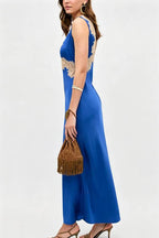 A Little Sultry Satin Floral Lace Trim V-neck Sleeveless Drape Maxi Dress