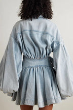Yaron Denim Button Twisted Shape Wrap Long Balloon Sleeve Shirt Mini Dress