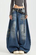 Rivet Patch Curved Leg Loose Retro Hip Hop Jeans