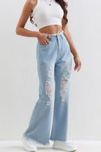 Washed Blue Ripped Patchwork Raw Hem Slim Fit Flare Jeans