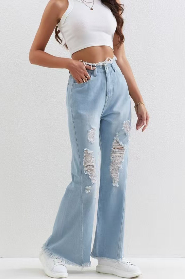 Washed Blue Ripped Patchwork Raw Hem Slim Fit Flare Jeans