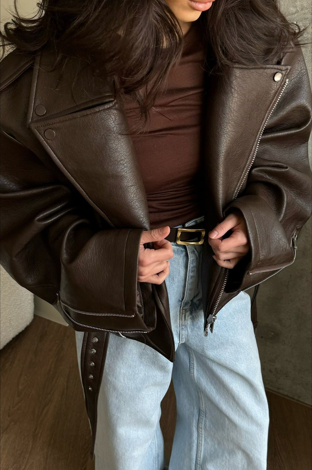 Elegant Retro Belted Biker Leather Jacket