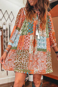 Orange Boho Paisley Mixed Print 3 4 Sleeve Chiffon Loose Dress